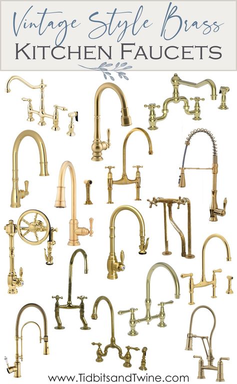 Vintage Sink Hardware, Antique Bronze Bathroom Hardware, Aged Brass Faucet Kitchen, Antique Brass Bridge Kitchen Faucet, Antique Brass Kitchen Fixtures, French Country Kitchen Sink Faucets, Art Deco Kitchen Faucet, Brass Gooseneck Faucet, Lacquered Brass Kitchen Faucet