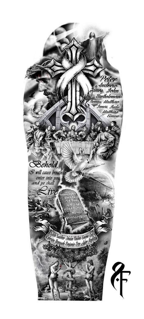 Artist Tattoo Ideas, Christus Tattoo, Arm Tattoos Black, Christian Sleeve Tattoo, Shoulder Sleeve Tattoos, Biblical Tattoos, Unique Tattoo Ideas, Full Sleeves Design, Heaven Tattoos