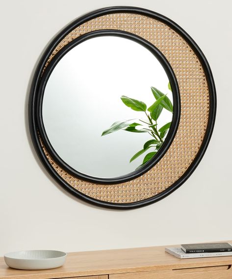 Bali Style Interior Design, Bali Style Interior, Mirror Black Frame, Interior Design Tips And Tricks, Rattan Wall Decor, Havenly Living Room, Rattan Mirror, Circular Mirror, Double Frame