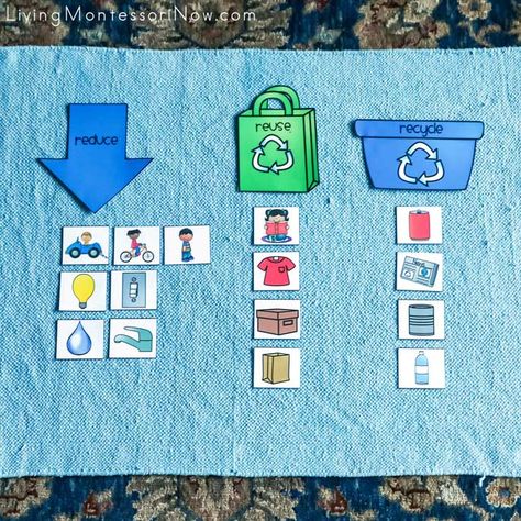 Free reduce, reuse, recycle printables and hands-on activities. Perfect for homeschool or classroom for Earth Day or any time of year - Living Montessori Now #reducereuserecycle #freeprintables #Montessori #homeschool #EarthDay #preschool Reduce Reuse Recycle Activities Kindergarten, Reduce Activities For Preschool, Recycle For Preschool Activities, 3 Rs Recycle Poster, Reduce Reuse And Recycle Activities, Recycle Reuse Reduce Activities, Recycle Reuse Reduce Preschool, Reduce Reuse Recycle Preschool Art, Recycle Reduce Reuse Activities For Kids