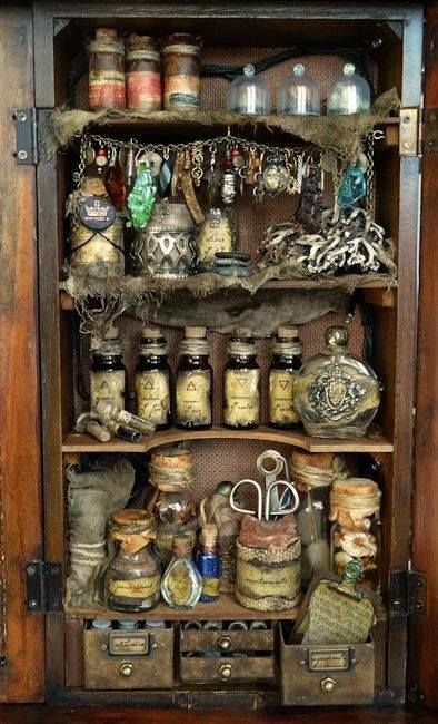 witches cupboard Witches Cabinet Ideas, Magic Item Art, Potions Cupboard, Witch Cupboard, Potion Shelf, Witches Cabinet, Potion Cabinet, Witch's Apothecary, Shelf Crafts