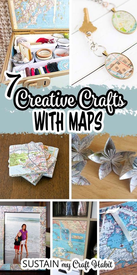 From home organization, gift ideas to decor and more find 7 different crafts to make with old maps! #upcycling #upcycled #sustainmycrafthabit Upcycling, Old Map Crafts, Crafts With Old Maps, Travel Crafts For Adults, Photo Gift Ideas Diy, Crafts With Maps, Creative Photo Gift Ideas, Map Diy Projects, Old Maps Crafts