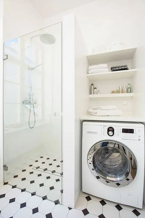 a black and white bathroom with a shower space, built in shelves and a washing machine looks cohesive and harmonious Laundry Bathroom Combo Layout Small Stacked, Utility With Shower And Toilet, Utility And Shower Room Ideas, Laundry Bathroom Combo, Bathroom With Laundry, Small White Bathrooms, Small Utility, Modern White Bathroom, Laundry Room Bathroom