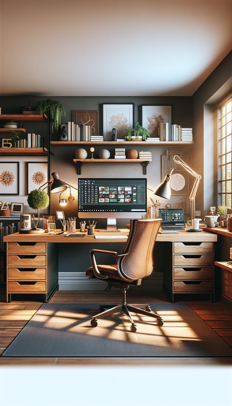 Discover a serene home office setup featuring a wooden desk, dual monitors, wireless keyboard, and comfy chair. Enjoy natural daylight, inspiring artwork, and a touch of greenery. Ready to earn $25+/hr remotely? Visit link in bio! #HomeOffice #WorkFromHome #RemoteJobs #OfficeDecor #Freelance #WorkLifeBalance 2 Monitors Desk Office Ideas, Home Office Academia, Home Office Ideas Dual Monitor, Cozy Office Setup, Dark Home Office Ideas, Dark Desk Setup, Home Office Computer Setup, Two Monitor Desk Setup Office, Dual Monitor Setup Home Office Ideas