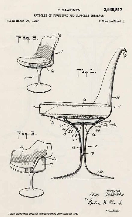 patent drawing for pedestal furniture filed by Saarinen, 1957 Eero Saarinen, Croquis, Eero Saarinen Tulip Chair, Tulip Chair Saarinen, Pedestal Chair, Tulip Armchair, Chair Drawing, Tulip Chair, Chaise Chair