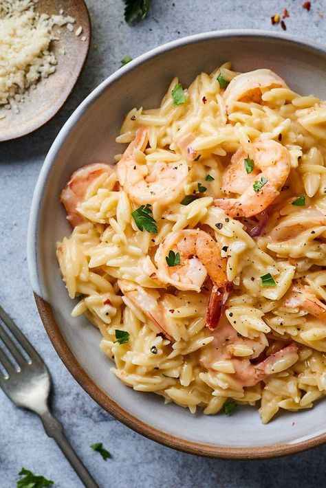 Fish With Orzo, Thermomix, Shrimp Scampi Orzo Recipes, Fish Orzo Recipes, Creamy Shrimp Orzo Recipes, Shrimp Scampi Orzo, Garlic Shrimp Orzo, Lemon Garlic Shrimp Orzo, Orzo Seafood Recipes