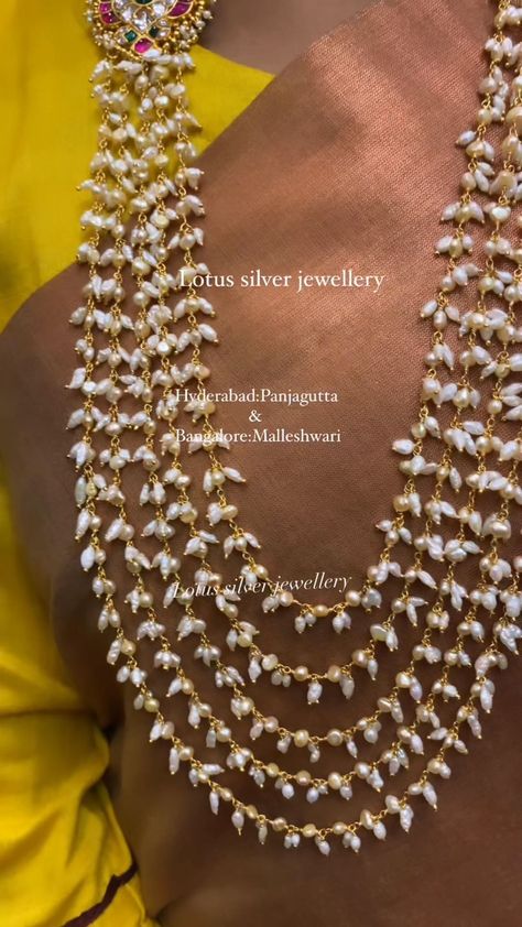 Pearl Jewellery Gold, Layered Pearl Necklace Indian, Rice Pearls Jewellery Indian, Pearl Jewelry Necklace Indian, Guttapusalu Haram, Thali Chain, Amrapali Jewellery, Rajputi Jewellery, Long Haram