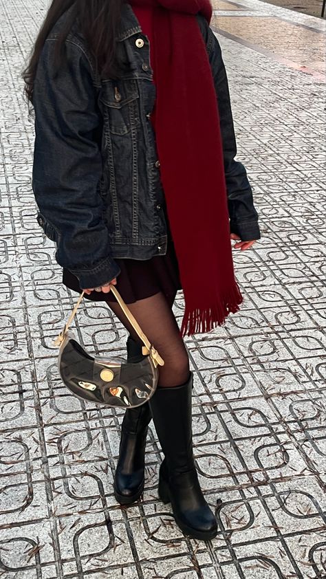 outfit inspo aesthetic denim jacket boots it girl ig winter fall autumn red cute Autumn Fall Outfits Aesthetic, Fall Outfit Inspo Thrifted, Cardigan Outfit Shorts, Winter Outfit With Denim Jacket, Fall And Winter Outfits Aesthetic, Denim On Denim Fall Outfits, Red Bag Fall Outfit, Red Boots Fall Outfit, Red Dress Autumn Outfit