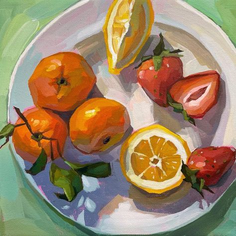 Vicki McGrath’s Instagram photo: ““Juicy Fruit” -10”x10” acrylics on gallery wrapped canvas This fresh summer fruit plate is part of a fruit collection heading to a very…” Fruits For Drawing Reference, Fruit Acrilic Paintings, Flowers Still Life Drawing, Fruit Painting Gouache, Art Reference Fruit, Modern Fruit Painting, Fruit Art Wallpaper, Paint Fruit Acrylic, Fruit Drawing Aesthetic