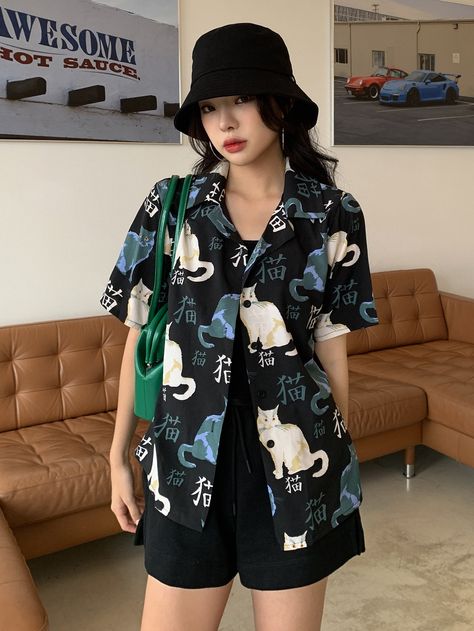 Multicolor Casual  Short Sleeve Polyester Animal,Letter Shirt Embellished Non-Stretch Summer Women Tops, Blouses & Tee Collar Blouse Outfit, Floral Shirt Outfit, Hawaiian Shirt Outfit, Outfits Con Camisa, Chinese Letters, Letter Shirt, Print Shirts Women, Shirt Outfit Women, Diy Clothes Design