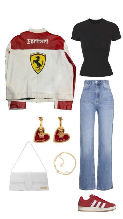 Charles Le Clerc, F1 Outfits Women, Red Adidas Campus, F1 Fits, F1 Outfit For Women, F1 Outfits, Ferrari F1 Team, Clean Girl Outfit, Outfit Inspo Aesthetic