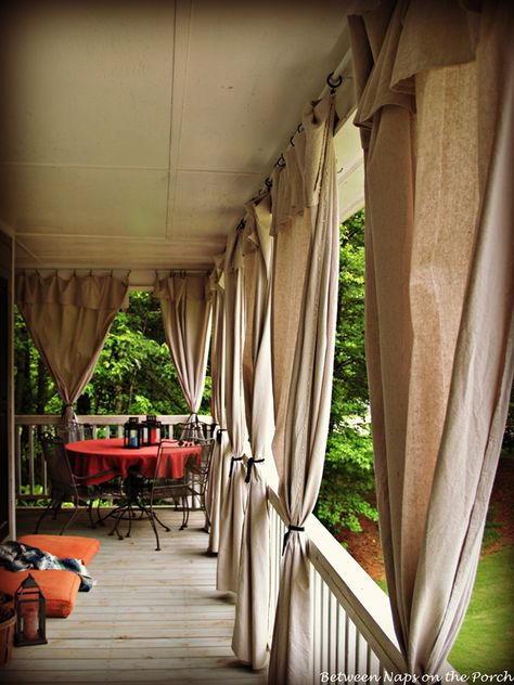 Make Drop Cloth Curtains for Outdoor Spaces and Porches Mosquito Curtains, Cloth Curtains, Porch Curtains, Patio Curtains, Drop Cloth Curtains, Diy Outdoor Decor, Outdoor Curtains, Outside Living, Drop Cloth