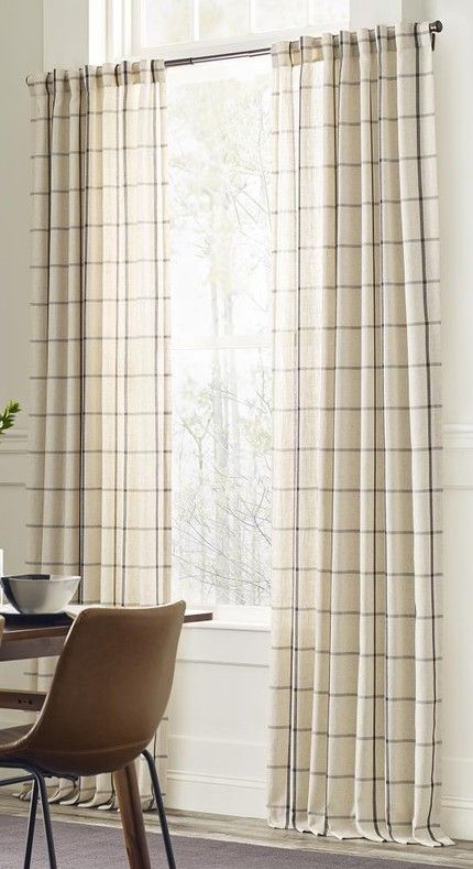 Cream Curtains Black Rod, Lake House Curtains, Plaid Curtains Living Room, Maine Bedrooms, Cabin Curtains Rustic, Windowpane Curtains, Plaid Drapes, Plaid Living Room, Cabin Curtains