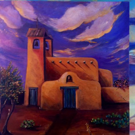 Church in new mexico New Mexico Art Paintings, New Mexico Painting Ideas, Adobe Paintings, Desert Sunset Painting, Southwest Art Paintings, Restaurant Mexicano, Southwestern Paintings, Adobe Houses, New Mexico Art