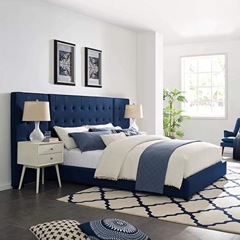 Modern Queen Bed, Blue Headboard, Queen Platform Bed Frame, Blue Bedroom Decor, Queen Platform Bed, Blue Bedding, Bed Frame And Headboard, Blue Bedroom, Upholstered Fabric