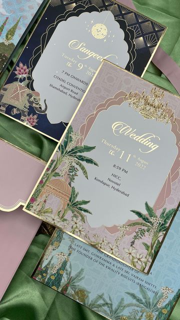 Wedding Invitations by PGD on Instagram: "For a South Indian wedding themed around elephants & lotuses- this is our favourite wedding suite this season! Custom designed for Pratik & Dhanya, August 2022 ♥️ #prettygilded #weddinginvitations #weddinginvites #weddingstationery #indianwedding #indianweddinginvitation #indianweddingcard #weddingcards #bespoke #design #southindianwedding #hyderabadwedding #reels #weddingreels #trendingaudio #explorepage" Indian Patrika Design, Wedding Cards South Indian, Indian Invitation Cards Weddings, Wedding Indian Card, Indian Wedding Invite Ideas, Wedding Indian Invitations, Aesthetic Indian Wedding Cards, India Wedding Invitation Cards, Indian Wedding Card Invitation