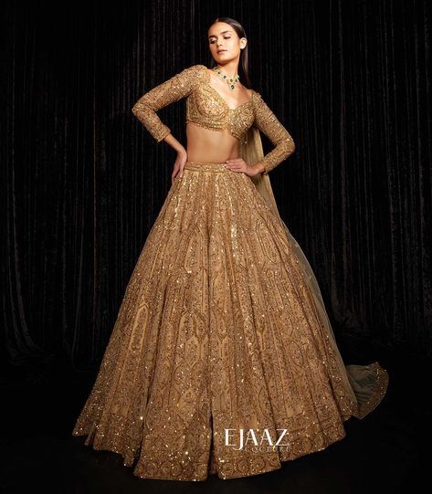 BIBI London Couture | Lehenga Dark Lehenga Indian Weddings, Golden Lehenga Aesthetic, Celebs Lehenga, Indian Wedding Outfit Bride, Golden Lehnga, Couture Lehenga, Brown Lehenga, Ejaaz Couture, Golden Bridal Lehenga