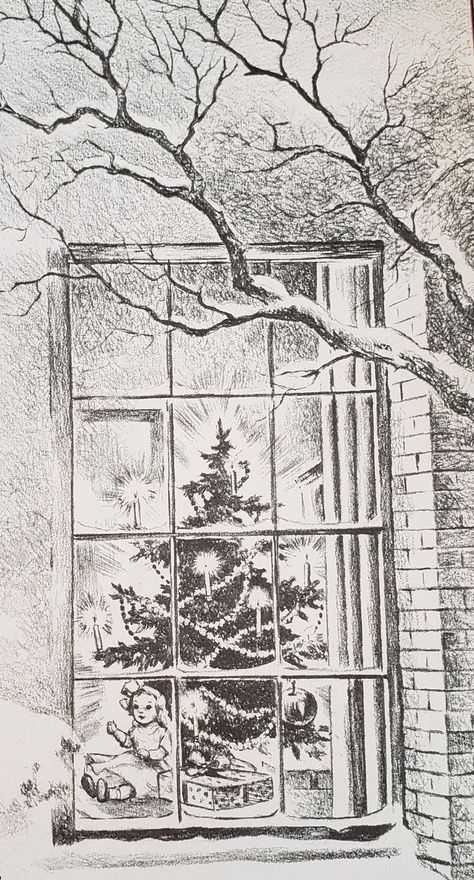 Natal, Pencil Art Drawings Christmas, Christmas Tree Drawing Reference, Winter Landscape Drawing Pencil, Christmas Tree Drawing Pencil, Christmas Tree Pencil Drawing, Winter Sketches Pencil, Christmas Window Illustration, Simple Christmas Sketches