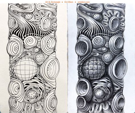 Wartz Sinkholes and more — Eni Oken Tangle Patterns, Peaceful Patterns, Cafe Board, Eni Oken, Ink Doodles, Geometric Design Art, Shading Techniques, Intuitive Art, Zentangle Drawings