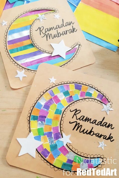 Part of our special Ramadan Activities series for kids. Make these beautiful upcycled ramadan cards with kids. We particularly love the torn paper crescent moon cards. Eid Activities, Ramadan Cards, Red Ted Art, Islamic Kids Activities, Ramadan Kids, Eid Crafts, Moon Crafts, Ramadan Activities, Eid Cards