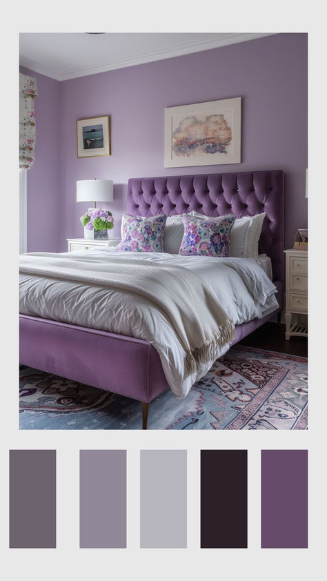 Lavender Room Aesthetic, Purple Rooms, purple room decor, room color ideas bedroom Lavender Bed Rooms Ideas, Purple Bedroom Palette, Room Ideas For Purple Walls, Bedroom Color Schemes Purple, Purple Wall Ideas Bedrooms, Mint Green And Purple Bedroom, Purple Paint Room, Soft Purple Bedroom, Purple Room Aesthetic Ideas