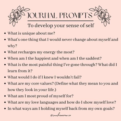Develop your sense of self with these introspective prompts Sense Of Self Journal Prompts, Core Values Journal Prompts, Healing Prompts Writing, Self Love Shadow Work Prompts, Values Journal Prompts, Introspective Journal Prompts, How To Journal For Beginners, Introspective Questions, Journal Prompts For Self Growth