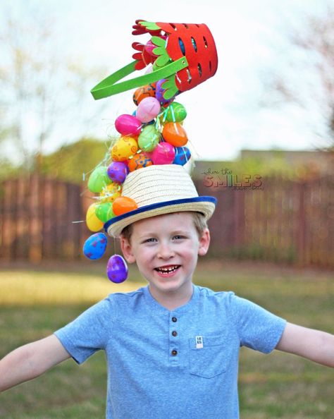 DIY Easter Hat: A Gravity-Defying Basket'O'Eggs! | Where The Smiles Have Been #Easter #EasterEggs #EasterBasket #EasterHat #EasterBonnet #EasterParty #EasterCraft #SpringCraft #DIYhat #Hat #KidCraft #GravityDefying Diy Easter Hat, Easter Headpiece, Wacky Hat, Upcycled Hats, Boys Easter Hat, Easter Bonnet Ideas, Easter Bonnets For Boys, Creative Hats, Easter Hat Parade