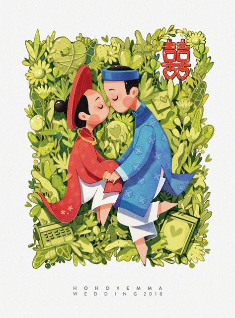 VIETNAM WEDDING | HOHO & EMMA on Behance Vietnam Wedding, Vietnam Art, Draw Cute, Wedding Illustration, Couple Illustration, Korean Art, Cute Couple, Wedding Art, Portrait Illustration