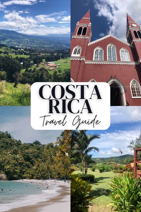 A collage of four images of Costa Rica - one image overlooking a lush, green valley, one image of a red metallic church, one image of a beach with light turquoise waters surrounded by palm trees, and one image of a green field with palm trees and mountains in the background - with text in the middle "Costa Rica Travel Guide" Costa Rica, Travel To Costa Rica, Costa Rico, Trip To Costa Rica, Costa Rica Travel Guide, Most Delicious Food, Costa Rica Travel, Best Beaches, Favorite City