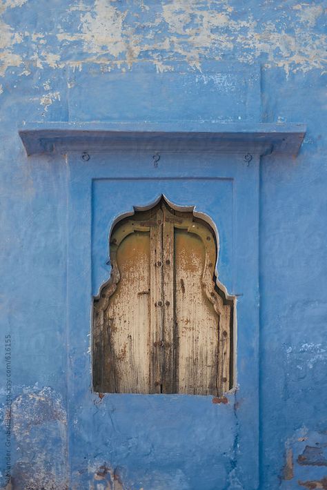 Ornate Indian Window In A Blue City Traditional Blue Architecture, Jodhpur, Rajasthan, India / Alexander Grabchilev for Stocksy United Traditional Windows Indian, Rajasthani Window, Blue Indian Aesthetic, Rajasthani Aesthetic, Architecture Pottery, Door Design Indian, Indian Windows, Traditional Door Design, Window Door Design