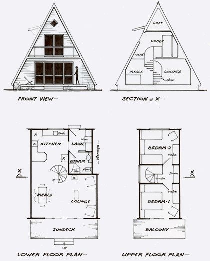 A-frame cottage plans for a guest house/ temp house A Frame Cabin Plans, Wohne Im Tiny House, Toilet Flush, Triangle House, A Frame Cabins, A Frame House Plans, A Frame Cabin, Cottage Plan, A Frame House