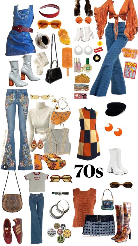 NOT MY COLLAGES I JUST PUT THEM TOGETHER!!! Decade Outfits, 70s Aesthetic Fashion, 70’s Outfits, 70s Inspired Outfits, 70 Outfits, Moda Hippie, 70s Clothing, Outfits 70s, Mode Hippie