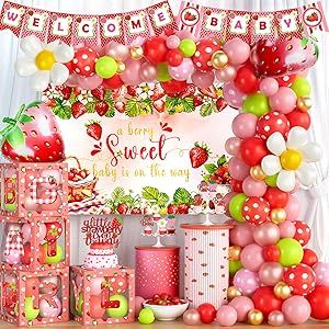 Strawberry Balloon Arch, Strawberry Backdrop, Strawberry Balloons, Berry First Birthday Decorations, Girl First Birthday Party, Welcome Baby Banner, Valentines Birthday Party, Green Balloons, Strawberry Shortcake Party