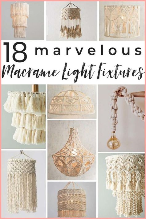 5 DIY macrame lighting projects +14 gorgeous macrame pendant lights you can buy! A shopping guide for the latest lighting craze. Macrame is popular for a good reason! These are ammmazzzing boho pendants! #macrame #boholighting #boholightingideas #macramelights #macramependantlight #macramependantlights #bohochic #bohochiclighting #macrameshoppingguide #macramelightshade #macramelightpendant #macramedecor Diy Macrame Light Shade, Diy Boho Pendant Light Shade, Macrame Light Shade Diy, Macrame Lampshade Diy, Macrame Lamp Shade Diy, Diy Macrame Lamp Shade, Macrame Lighting, Macrame Light Shade, Diy Macrame Wall Hanging