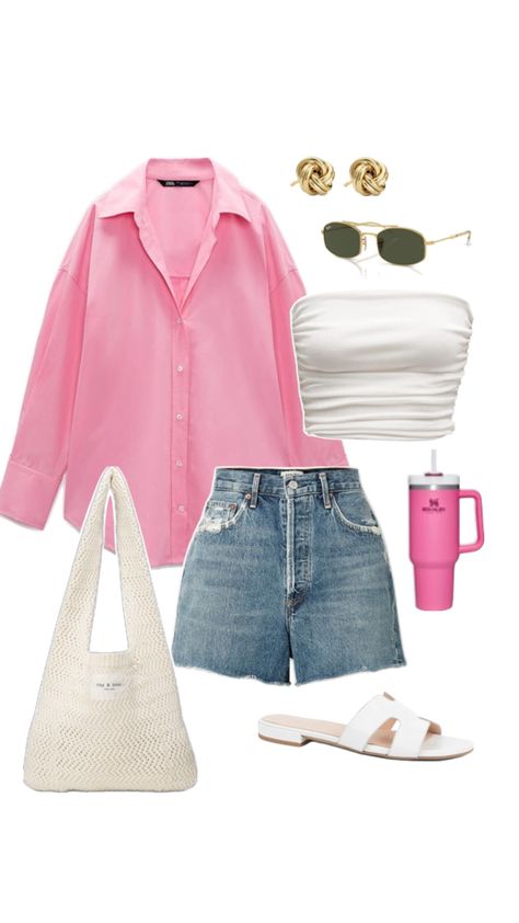 Pink Summer outfit idea, fashion inspiration, fit inspo, pink shirt, jean shorts, golden accessories, beach bag Pink Summer, Golden Accessories, Accessories Beach, Shorts Outfit, Fit Inspo, Pink Shirt, Outfit Idea, Summer Outfit, Beach Bag