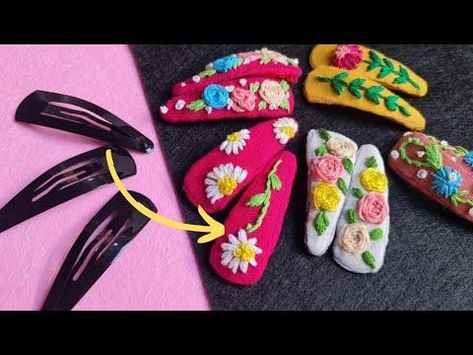 Craft Hair Accessories, Embroidered Hair Clips Diy, Cross Stitch Hair Clip, How To Make Embroidered Hair Clips, Hair Slides Diy, How To Make Embroidery Hair Clips, Embroidered Hair Clips Tutorial, Embroidery Hair Clips Diy, Handmade Clips Diy Hair