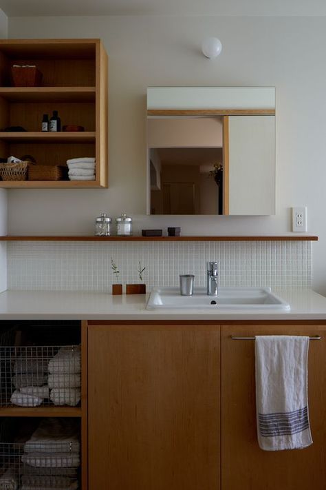 Bathroom Interior Inspiration, Floating Sink With Shelf, Brooklyn Bathroom Design, Paige Wassel Bathroom, Small Midcentury Modern Bathroom, Modern Tile Wainscoting Bathroom, Bauhaus Interior Bathroom, Bathroom Ledge Shelf, Tile Around Vanity In Bathroom