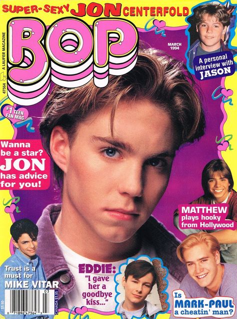 Bop March 1994 Bop Magazine, Jonathon Brandis, White Actors, 2000s Magazines, Mike Vitar, Jonathan Brandis, Teen Magazines, 잡지 레이아웃, 90s Actors