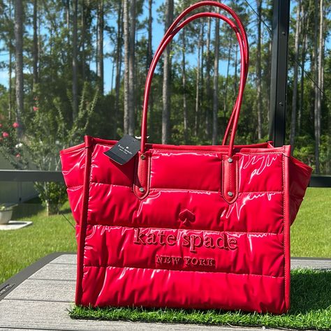 Nwt Kate Spade Puffy Ella Tote In Candied Cherry H 12” L 15” W 9” Strap Drop 11” Puffy Fabric Zip Top 2 Zip Pockets On Inside Gold Hardware * No Dust Bag * Kate Spade, Ella Tote, Kate Spade Bags, Kate Spade Bag, Zip Top, Womens Tote Bags, Gold Hardware, Zip Pockets, Dust Bag