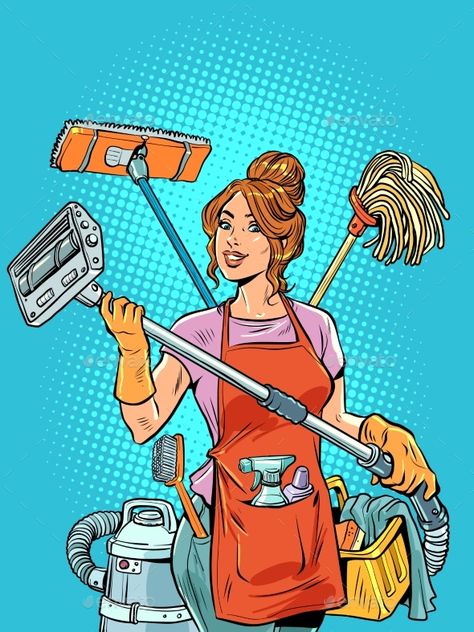 A Beautiful Housewife Girl Organizes Cleaning and Vintage Cleaning Ads, Cleaning The House Aesthetic, Housework Aesthetic, Girl Cleaning House, Cleaning Lady Pictures, Cleaning Advertising Ideas, Housewife Illustration, Shelves Bar Ideas, Cleaning Illustration