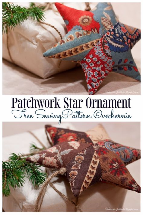 DIY Christmas Patchwork Star Ornament Free Sewing Patterns | Fabric Art DIY Tela, Natal, Patchwork, Diy Quilted Christmas Ornaments, Quilted Christmas Gifts, Fabric Christmas Decorations, Patchwork Star, Sewn Christmas Ornaments, Fabric Art Diy