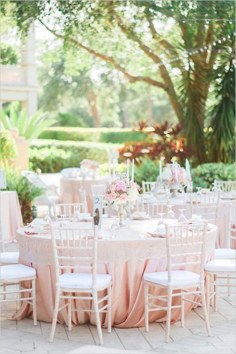 cream and blush wedding reception Blush Tablecloth, Blush Wedding Reception, Vintage Romance Wedding, Pastel Wedding Decorations, Pink Wedding Receptions, Vintage Shabby Chic Wedding, Pink Tablecloth, Popular Wedding Colors, Wedding Color Trends