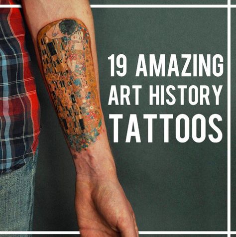 19 Tattoos That Will Make Art History Nerds Geek Out Tattoos Of Famous Paintings, Tattoos Of Art Pieces, Art History Tattoo Ideas, Classical Tattoos, Classic Art Tattoo, History Tattoo Ideas, Classical Art Tattoo, Art History Tattoo, Klimt Tattoo