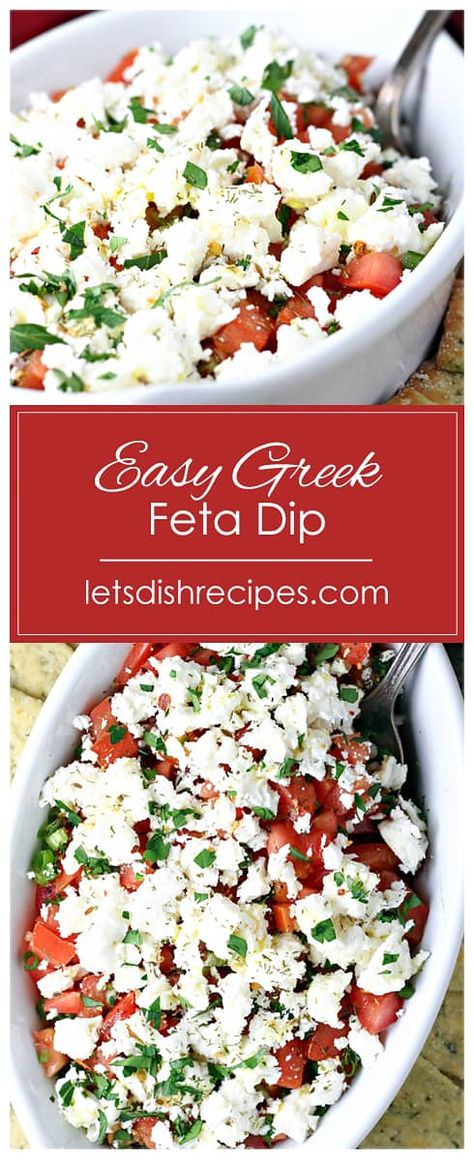 Greek Feta Dip Appetizers, Greek Feta Cheese Dip, Feta Dip Recipes With Tomatoes, Feta Bread Dip, Feta Tomato Dip Recipes, Appetizer Spreads And Dips, Peta Bread Dips, Appetizers With Baguette, Quick Superbowl Appetizers