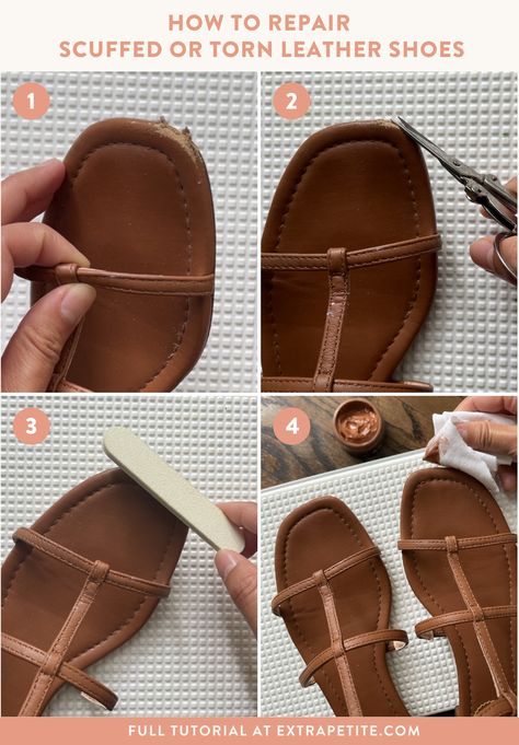 how to repair scuffed or torn leather shoes + sandals Upcycling, Shoe Repair Diy, Scuffed Shoes, Leather Shoe Repair, Clean Leather Purse, Leather Womens Shoes, Heel Repair, Shoe Makeover, Women's Leather Shoes