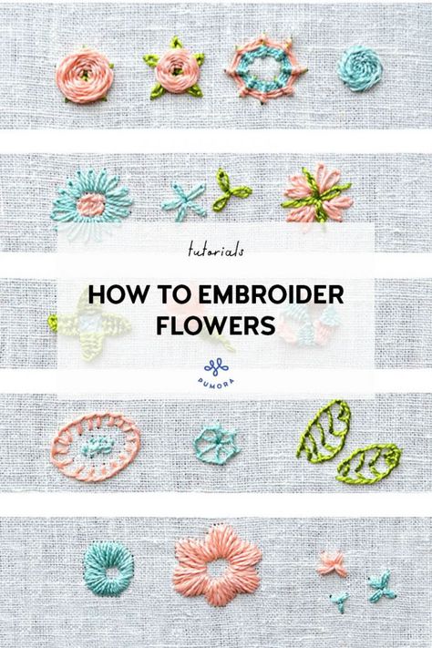 How to embroider flowers - 16 floral stitches for your projects - Pumora - all about hand embroidery Embroidery Stitches Flowers, Embroidery Heart, Embroidery Butterfly, Embroidery Stitches Beginner, Creeper Minecraft, Hand Embroidery Patterns Free, Floral Embroidery Patterns, Basic Embroidery Stitches, Hand Embroidery Tutorial