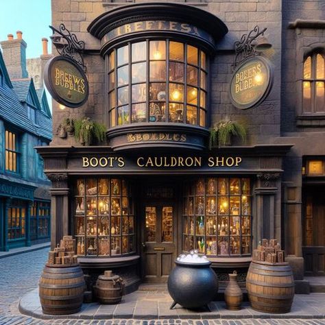 Harry Potter Aesthetic Diagon Alley, Diagon Alley Stores, Diagon Alley Aesthetic, Hogwarts Architecture, Hogsmeade Aesthetic, Hufflepuff Core, Fairytale Backyard, Diagon Alley Shops, Herbalist Shop