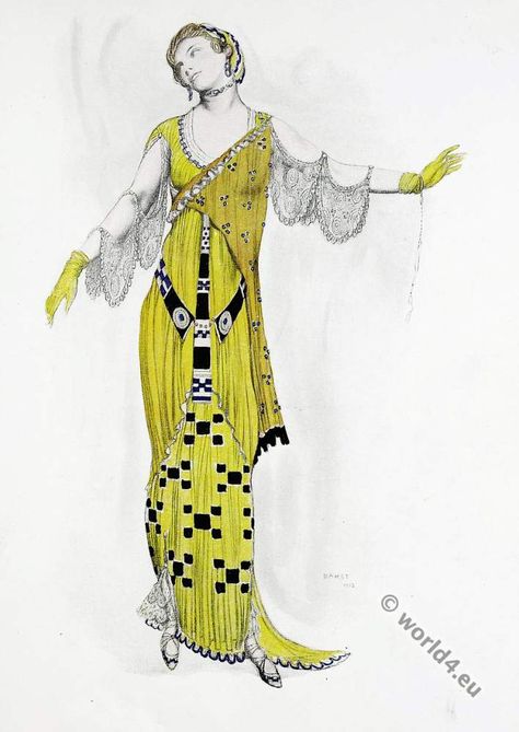 Art deco costume design. Léon Bakst. Mother of Venus Leon Bakst, Art Nouveau Fashion, Costume Design Sketch, Ballet Russe, Fantasy Costumes, Art Deco Period, Mellow Yellow, Floral Illustrations, Design Sketch