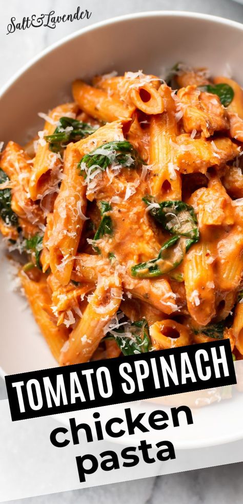 Spinach Tomato Chicken Pasta, Chicken In Pasta Sauce, Dinner Recipe With Spinach, Tomatoe Spinach Chicken Pasta, Healthy Pasta With Spinach, Creamy Chicken Tomato Spinach Pasta, Tomato Spinach Pasta Recipes, Creamy Spinach And Tomato Pasta, Pasta And Chicken Recipes Healthy