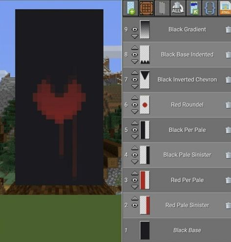 Banner Design Minecraft Bedrock, Red Banner Design Minecraft, Minecraft Sign Board Design, Vampire Minecraft Build, Minecraft Strawberry Banner, Minecraft Banner Designs Red, Red And Black Minecraft House, Minecraft Potion Banner, How To Make Pride Flags In Minecraft